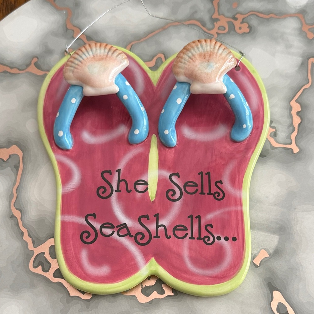 Ceramic Seashell Flip-Flop Wall Art in Pink and Blue
